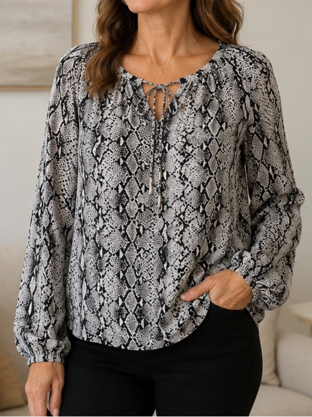 NYDJ Snakeskin Print Tie-Neck Blouse | Size Medium | Balloon Sleeves